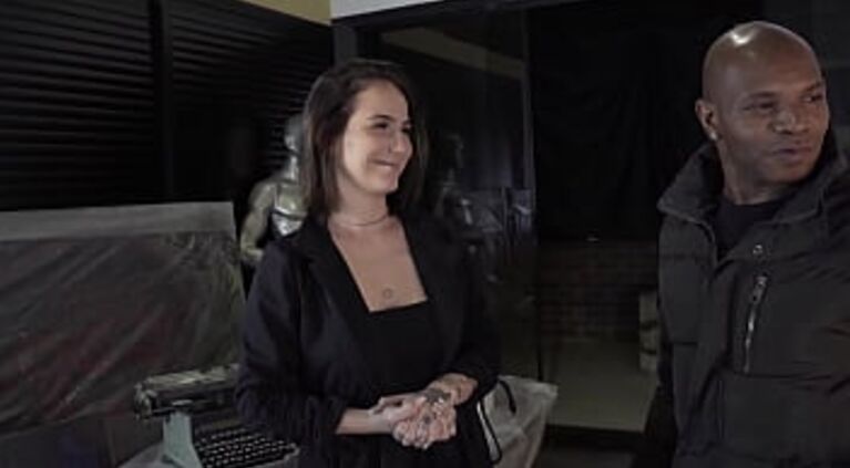 Tattooed naughty fucks client at the end of work